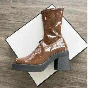 E8 by Miista Noely Boots in Chocolate Stretch Patent Leather - BRAND NEW W/ BOX